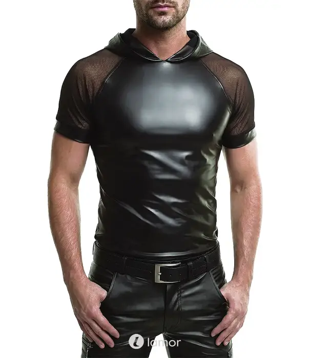 * RFP Regnes Fetish Planet Red Mark ADSolar001 wetlook heren T-shirt zwart met mesh mouwen en capuchon