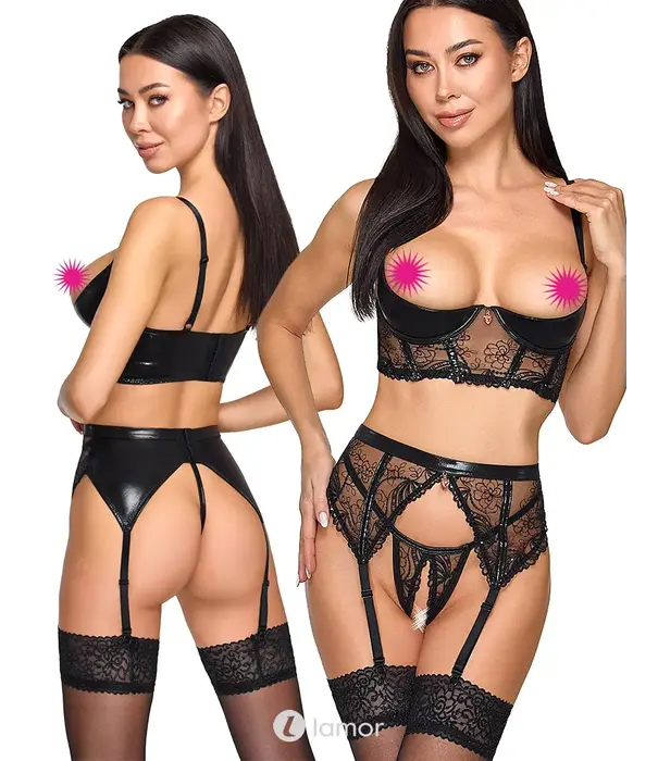 * COTTELLI  Cottelli 3-delige kruisloze jarretelset met longline bh, jarretelgordel en string CC-2221667