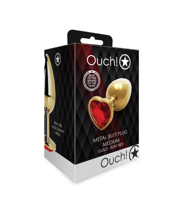 Ouch! by Shots Hartje Gem Buttplug - Medium - Goud/Ruby Rood