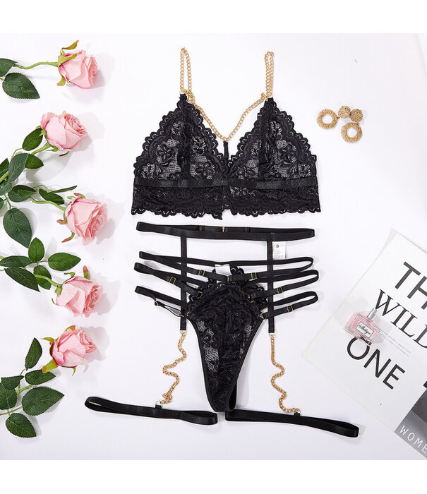 De Namour Lingerie by Shots Strappy Drie-delige Kant Uitgesneden Set met Kettingen - L/XL - Zwart