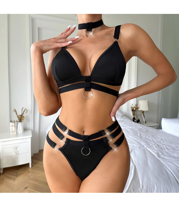 De Namour Lingerie by Shots Strappy Twee Delige Set met O-Ringen - L/XL - Zwart