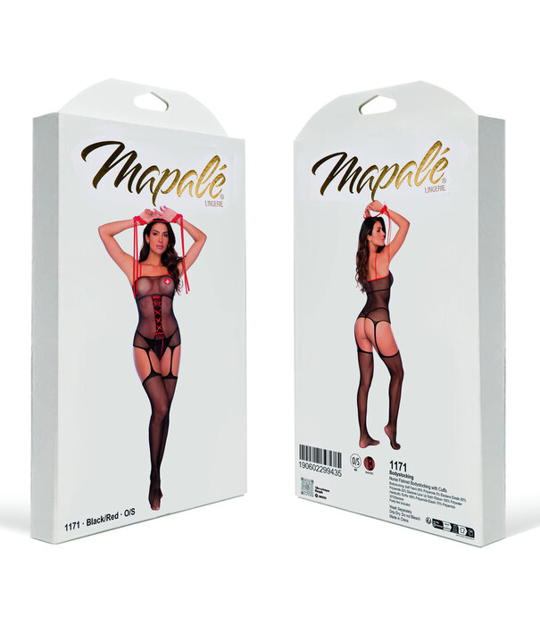 Mapalé Verpleegster Visnet Bodystocking met Manchet - Één Maat - Zwart/Rood