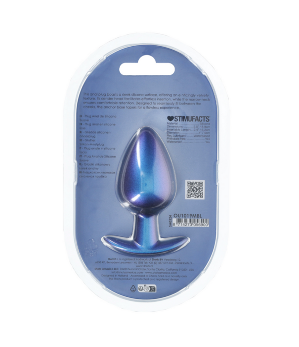 Ouch! by Shots Zachte Siliconen Anale Plug - Groot - 3,5 / 8,9 cm - Metallic Blauw