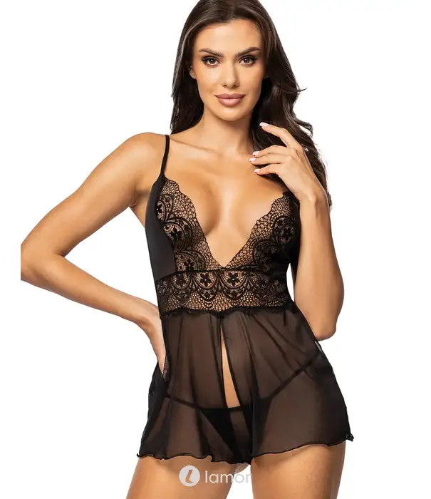 * BEAUTYNIGHT Beauty Night Secret Veil babydoll met kant, tule en string zwart BN10658