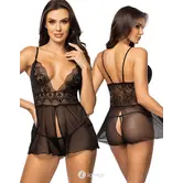 Beauty Night Secret Veil babydoll met kant, tule en string zwart BN10658