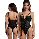 Spalex Line SX1053 body van kant en tule met vetersluiting, beugelcups en jarretelhouders zwart