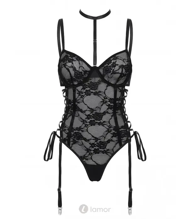 Spalex Line SX1043 body met beugelcups, choker, vetersluiting en jarretelhouders zwart
