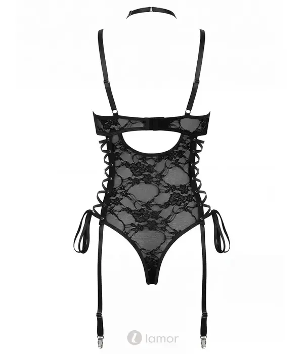 Spalex Line SX1043 body met beugelcups, choker, vetersluiting en jarretelhouders zwart