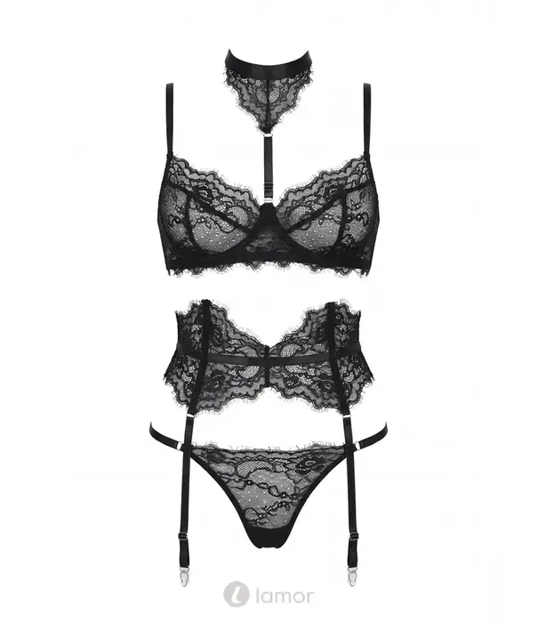 Spalex Line SX1031 3-delige lingerieset met beugel BH, harness choker, jarretelgordel en string zwart