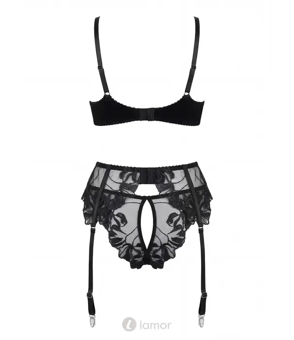 Spalex Line SX1021 3-delige lingerieset met geborduurde bh, jarretelgordel en string zwart
