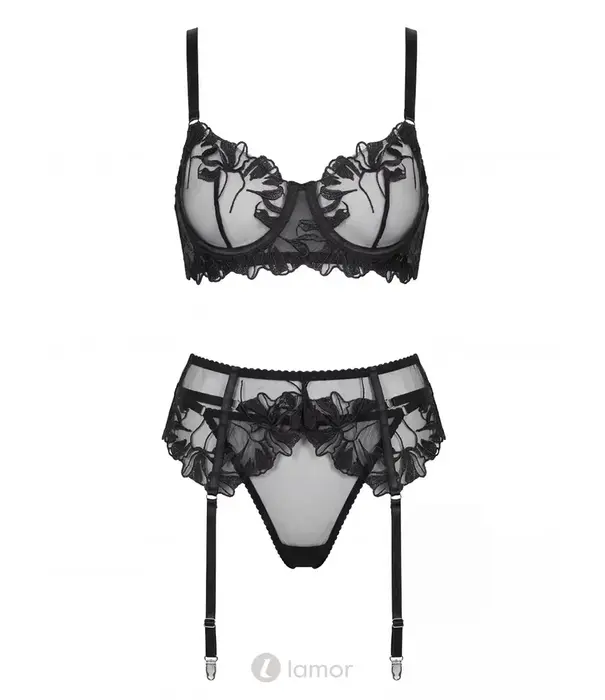 Spalex Line SX1021 3-delige lingerieset met geborduurde bh, jarretelgordel en string zwart