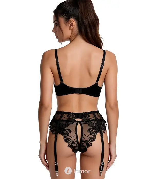 Spalex Line SX1021 3-delige lingerieset met geborduurde bh, jarretelgordel en string zwart