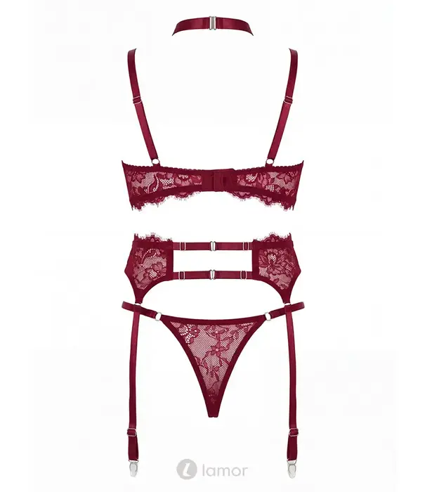 Spalex Line SX1011 3-delige lingerieset in cherry met kanten bh, harness, jarretelgordel en string