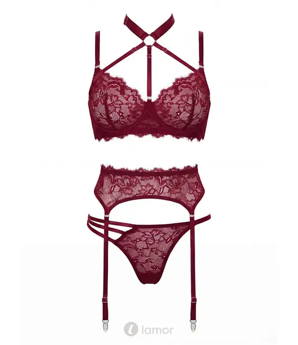 Spalex Line SX1011 3-delige lingerieset in cherry met kanten bh, harness, jarretelgordel en string
