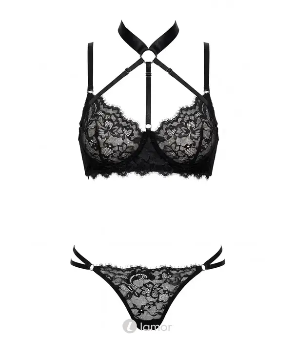 Spalex Line SX1002 2-delige lingerieset met kanten bh, afneembare harness en string zwart
