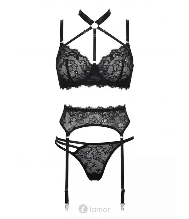 Spalex Line SX1001 3-delige lingerieset met kanten bh, harness, jarretelgordel en string zwart