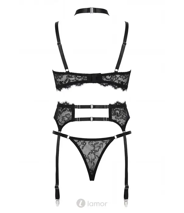 Spalex Line SX1001 3-delige lingerieset met kanten bh, harness, jarretelgordel en string zwart