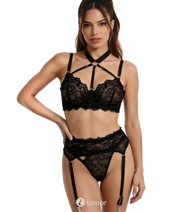 Spalex Line SX1001 3-delige lingerieset met kanten bh, harness, jarretelgordel en string zwart