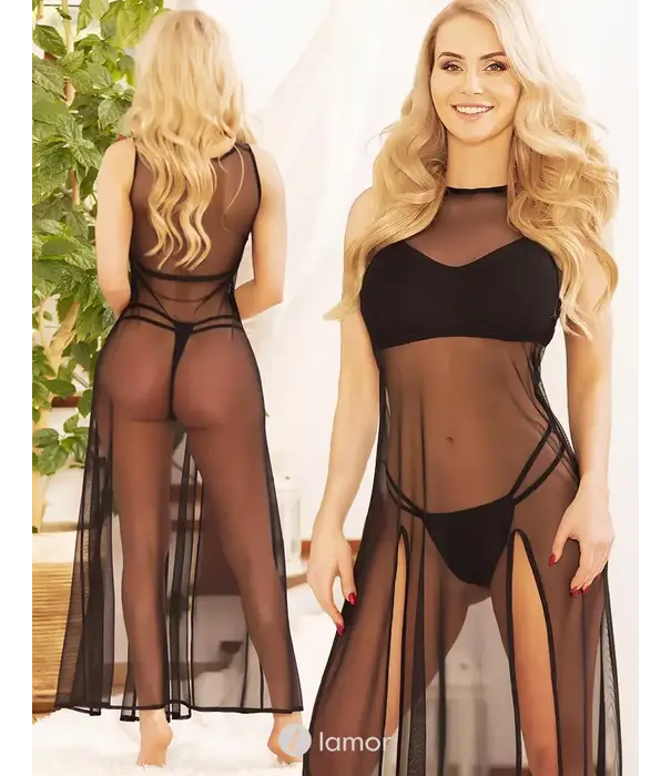 * KALIMO Kalimo Feyd lange nachtjurk zwart KA922448 van tule met string en gevoerde cups