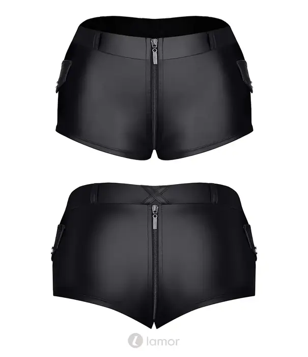 * DEMONIQ Demoniq TDHella001 wetlook shorts zwart met 2-weg rits en decoratieve zakken