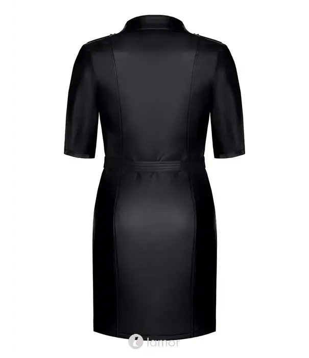 * DEMONIQ Demoniq TDLiese001 wetlook jurk zwart in uniformstijl met ceintuur en drukknopen