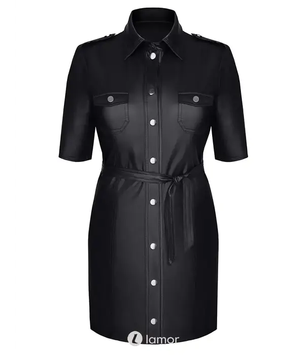 * DEMONIQ Demoniq TDLiese001 wetlook jurk zwart in uniformstijl met ceintuur en drukknopen