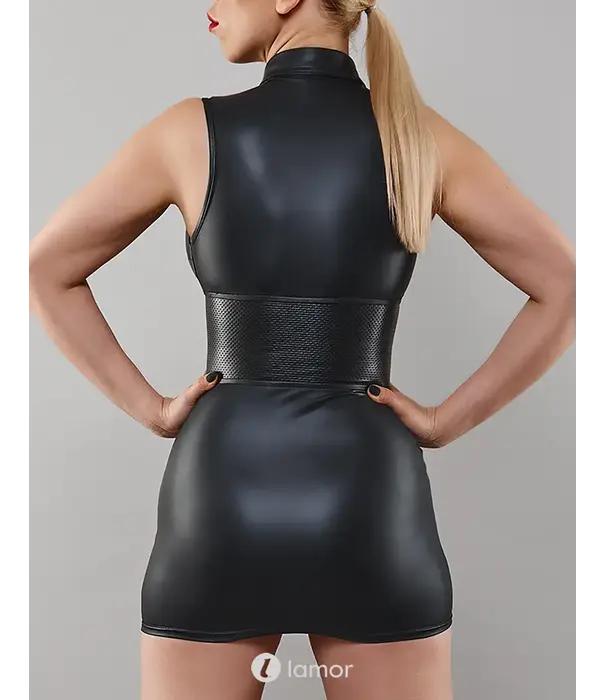 * DEMONIQ Demoniq TDRafaele001 wetlook mini jurk zwart met rits en uitgesneden decolleté