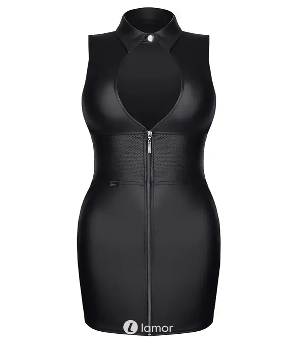 * DEMONIQ Demoniq TDRafaele001 wetlook mini jurk zwart met rits en uitgesneden decolleté