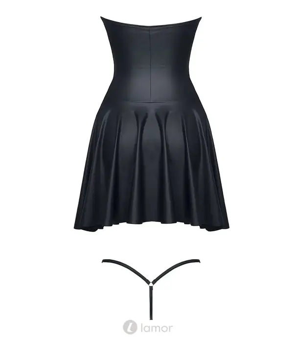* DEMONIQ Demoniq Rita zwarte mini jurk van PVC en wetlook met rijgdetails en string