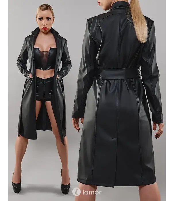 * DEMONIQ Demoniq TDSelina001 zwarte wetlook mantel met ceintuur en hoge kraag