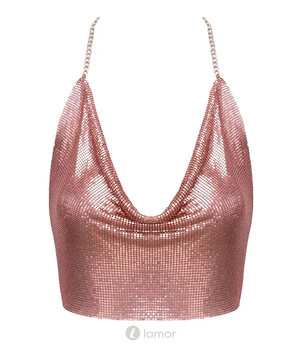 * COTTELLI  Cottelli ACCESSOIRES roségoudkleurige metalen crop top met watervalhalslijn en verstelbare kettingen