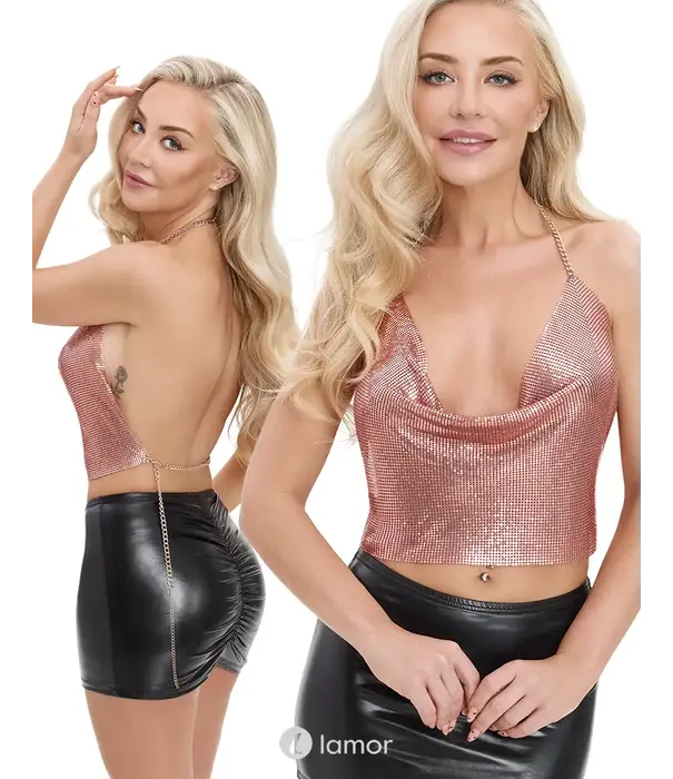 * COTTELLI  Cottelli ACCESSOIRES roségoudkleurige metalen crop top met watervalhalslijn en verstelbare kettingen