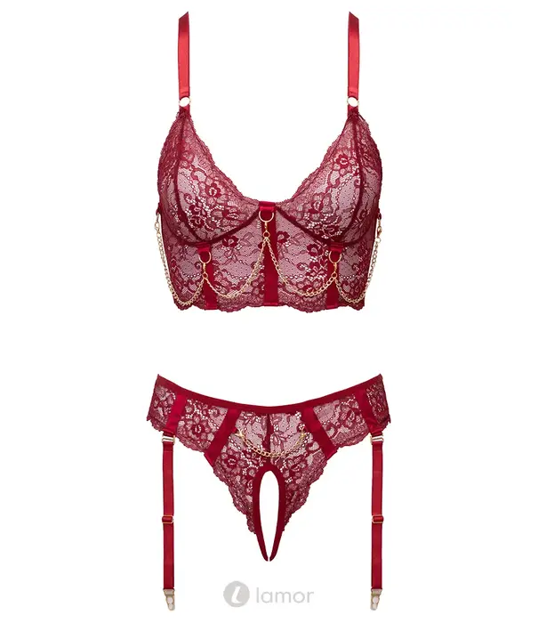 * COTTELLI  Cottelli LINGERIE donkerrode longline bh set met kanten jarretelstring, sieraden ketting en open kruis