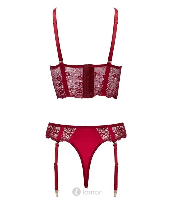 * COTTELLI  Cottelli LINGERIE donkerrode longline bh set met kanten jarretelstring, sieraden ketting en open kruis
