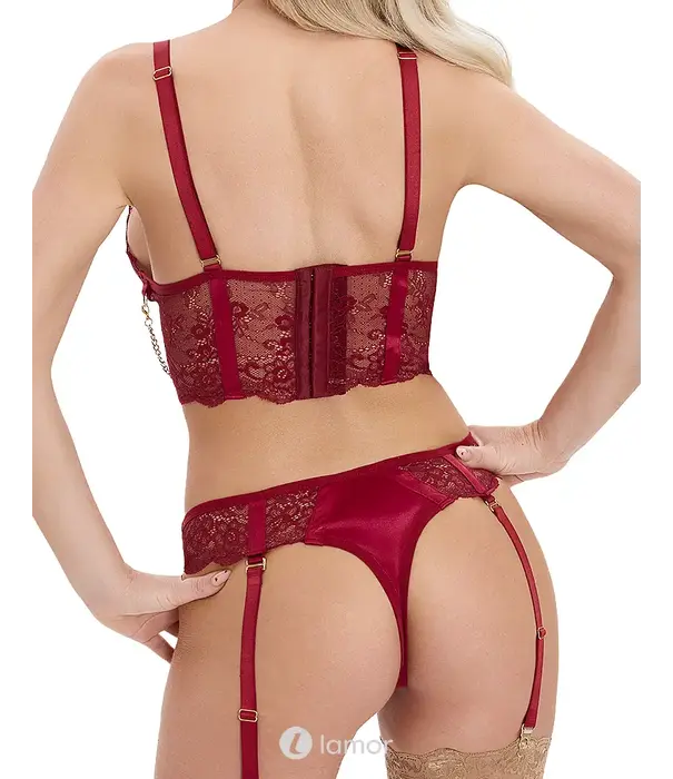* COTTELLI  Cottelli LINGERIE donkerrode longline bh set met kanten jarretelstring, sieraden ketting en open kruis