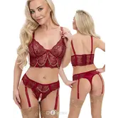 Cottelli LINGERIE donkerrode longline bh set met kanten jarretelstring, sieraden ketting en open kruis