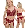 Cottelli LINGERIE donkerrode longline bh set met kanten jarretelstring, sieraden ketting en open kruis
