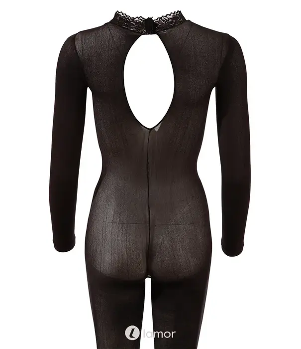 * COTTELLI  Fantasy by Cottelli zwarte kruisloze catsuit met lange mouwen, voet en kanten kraag