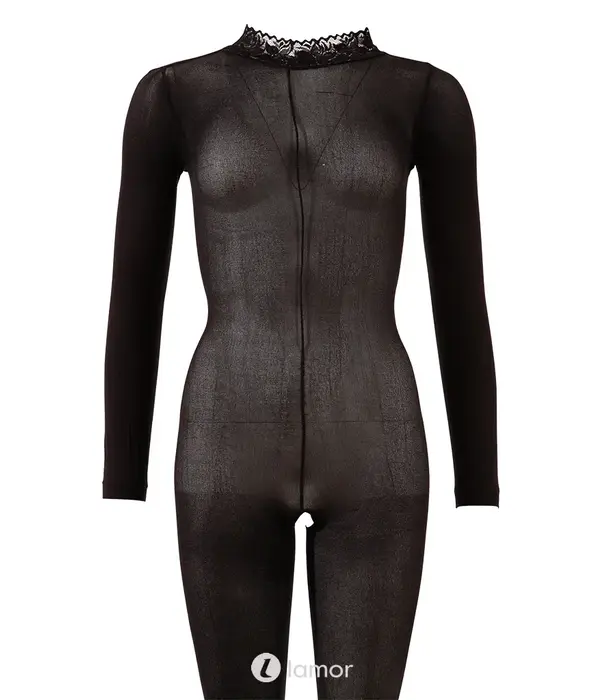 * COTTELLI  Fantasy by Cottelli zwarte kruisloze catsuit met lange mouwen, voet en kanten kraag