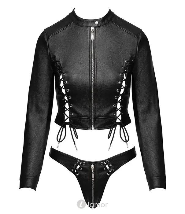 * COTTELLI  Cottelli PARTY 2-delige clubwear set met cropped jasje en riostring van zwart imitatieleer