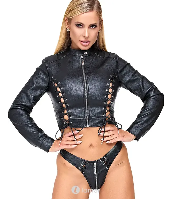 * COTTELLI  Cottelli PARTY 2-delige clubwear set met cropped jasje en riostring van zwart imitatieleer