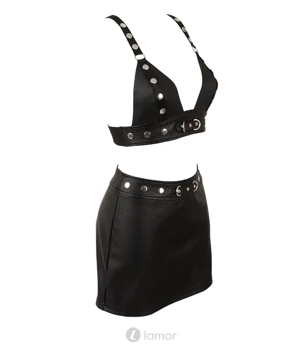 * COTTELLI  Cottelli PARTY bh top en minirok set van zwart imitatieleer met zilverkleurige details CC2260697