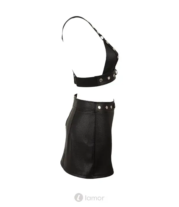 * COTTELLI  Cottelli PARTY bh top en minirok set van zwart imitatieleer met zilverkleurige details CC2260697
