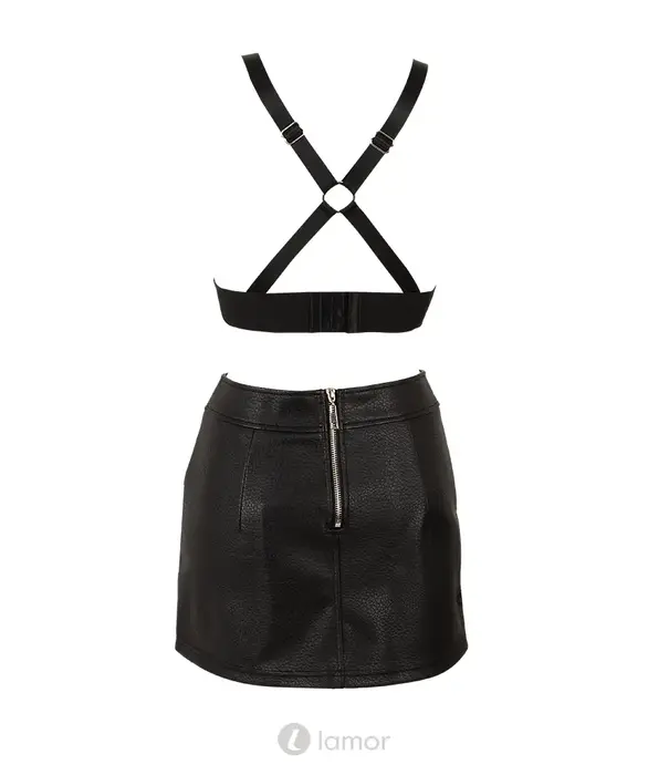 * COTTELLI  Cottelli PARTY bh top en minirok set van zwart imitatieleer met zilverkleurige details CC2260697