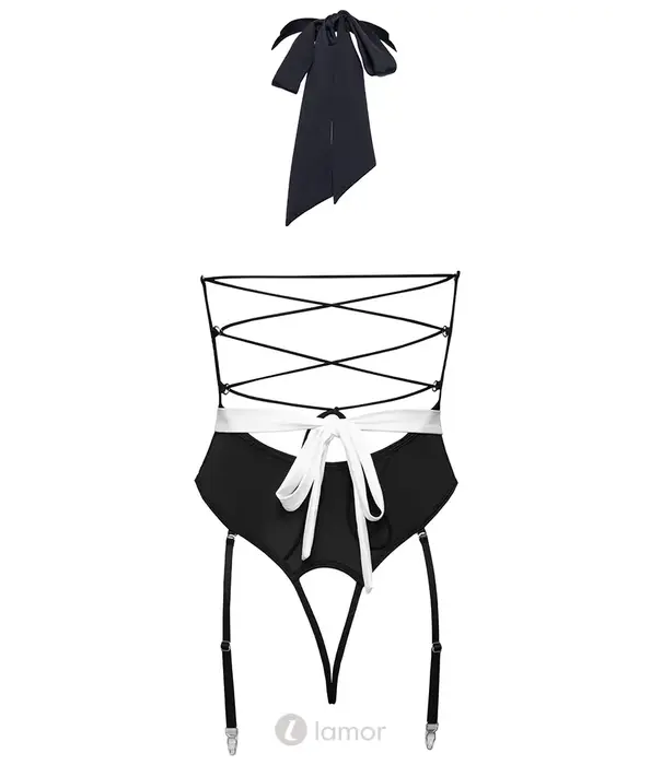 * COTTELLI  Cottelli COSTUMES kruisloze serveerster body met jarretels en schort zwart/wit CC2471361