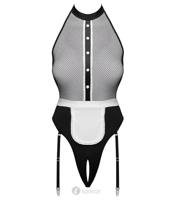 * COTTELLI  Cottelli COSTUMES kruisloze serveerster body met jarretels en schort zwart/wit CC2471361