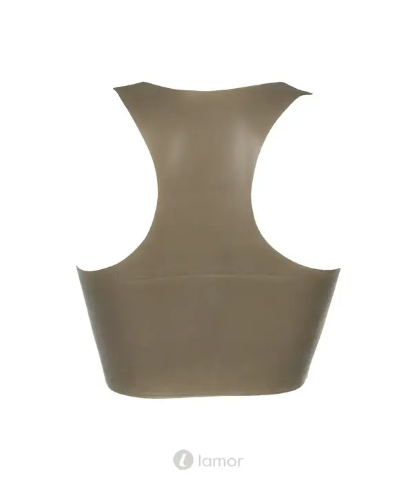 * LATE X LateX latex crop top smoke semi-transparant met hoge hals, racerback en off-shoulder model