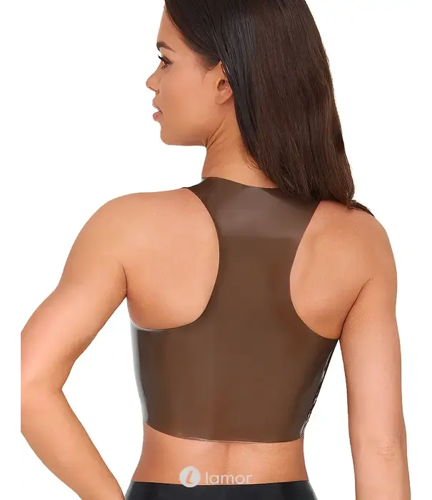 * LATE X LateX latex crop top smoke semi-transparant met hoge hals, racerback en off-shoulder model