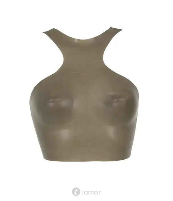 * LATE X LateX latex crop top smoke semi-transparant met hoge hals, racerback en off-shoulder model