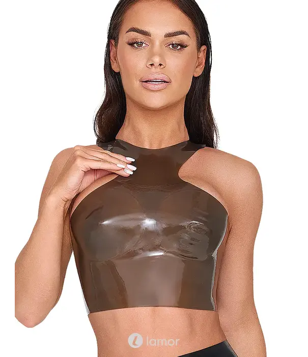 * LATE X LateX latex crop top smoke semi-transparant met hoge hals, racerback en off-shoulder model